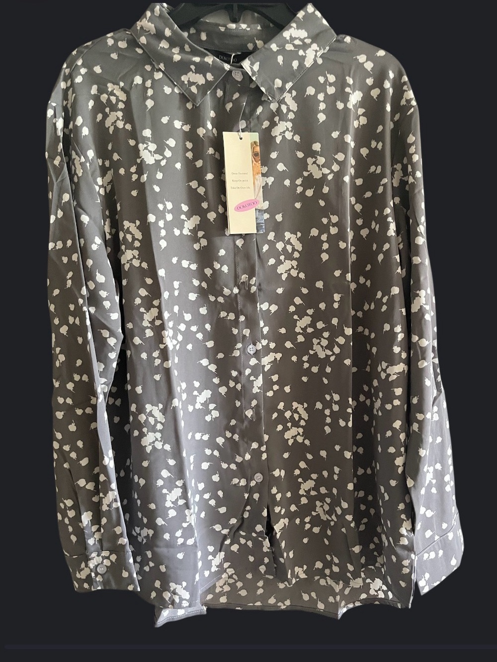 Women’s Grey Button-Up Shirt with White Abstract Print